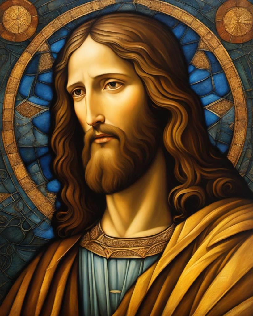 [Painting, Art Nouveau] Incredible attention to detail showcases the iconic figure of Jesus in the style of Leonardo da Vinci. This masterful painting captures the essence of Jesus with captivating precision and artistry. The image portrays Jesus with delicate brushstrokes and exquisite shading, illuminating his serene expression and tender eyes. Every facial feature is meticulously rendered, evoking a profound sense of divinity and wisdom. The rich colors and subtle highlights further enhance the depth and realism of the painting, emanating an undeniable aura of brilliance. This exceptional artwork immortalizes Jesus in a truly magnificent and awe-inspiring manner.