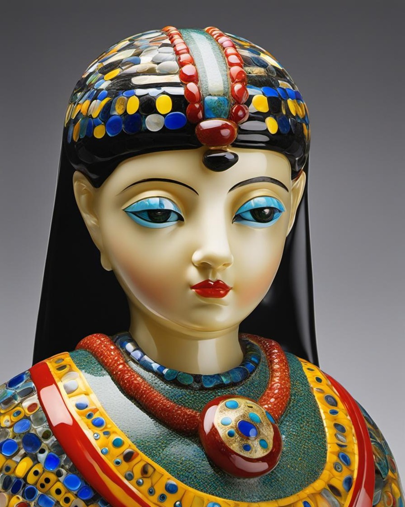 [Painting, Art Nouveau] Cleopatra at the age of 10 realistic photography; [Murrine glass, sculpture] Cleopatra at the age of 10 realistic photography