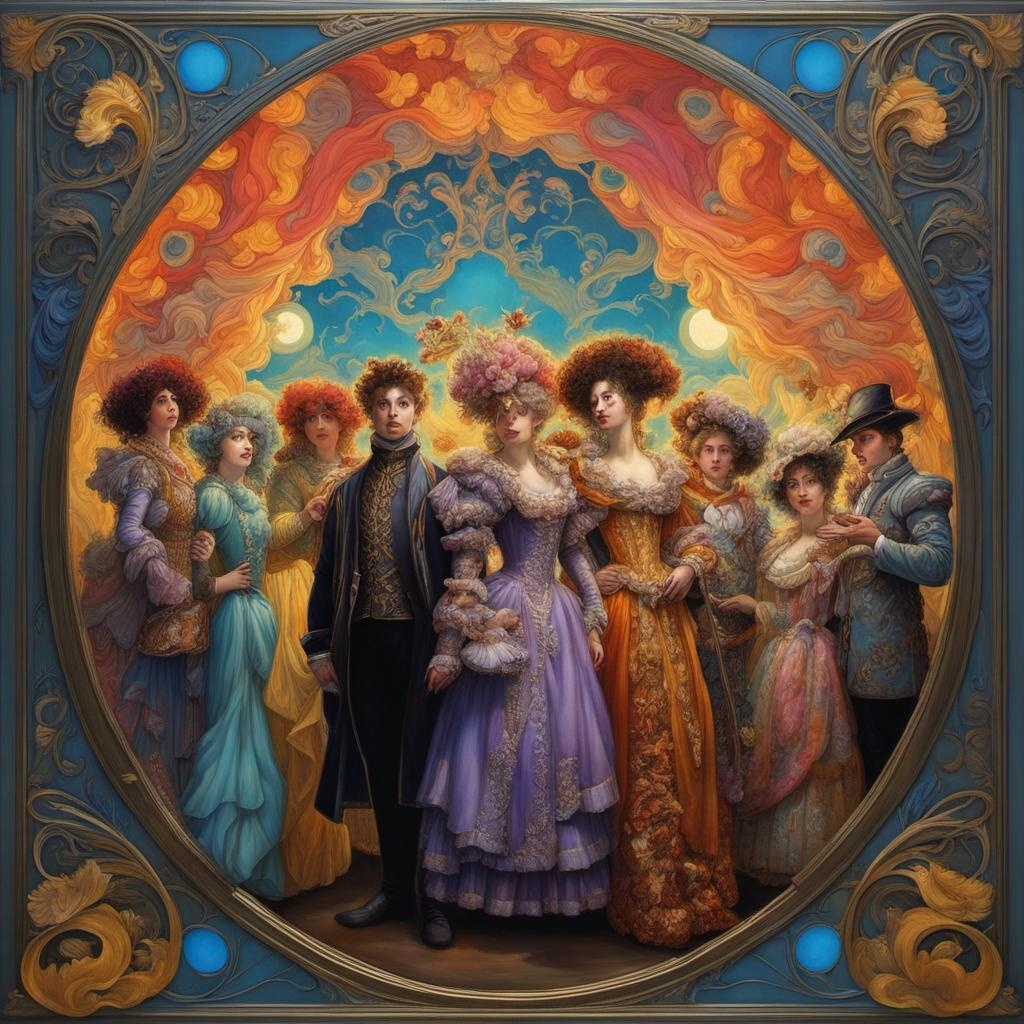 [Painting, Art Nouveau] people wearing elaborate baroque costumes, weird hair, moonlight scene,; [Painting, Art Nouveau] Group of people wearing elaborate baroque costumes, weird hair, moonlight scene,; [vibrant liquid plasma] Painting, Art Nouveau Group of people wearing elaborate baroque costumes, weird hair, moonlight scene,