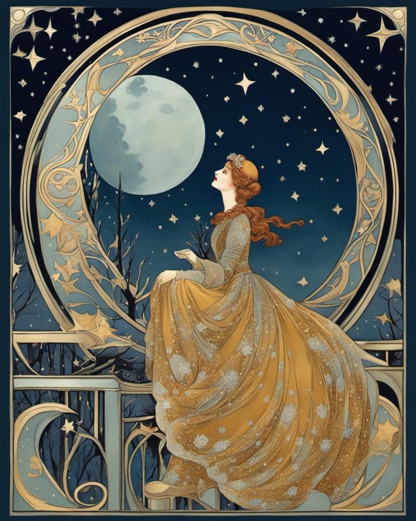 [Painting, Art Nouveau] Vintage Lady of fashion, winter colors, night sky with moon and stars, Christmas time