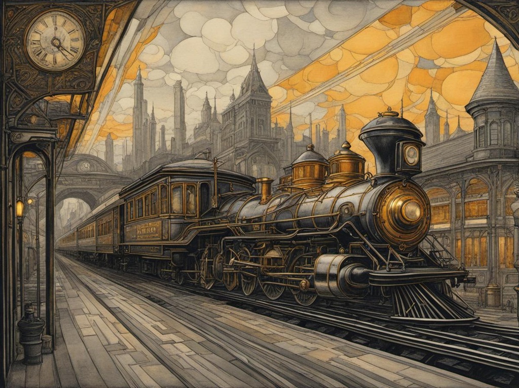 [Painting, Art Nouveau] Victorian-era etching of a steampunk train station with trains. The color palette features amber and slate gray, capturing the vintage aesthetic. Intricate line work