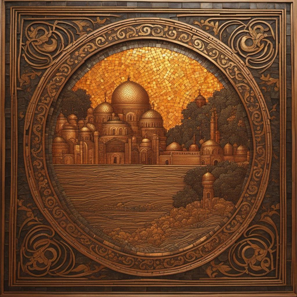 [Style of vintage illustration] fumage on copper, copper leaf background, Byzantine mosaic art.