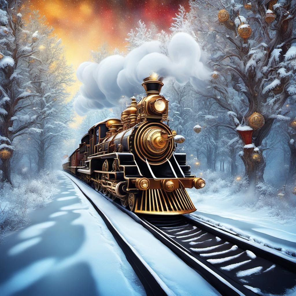 [Photography, raw, movie shot] Steampunk winter wonderland, steampunk Christmas train, snow, trees,  abstract vector fractal, Zentangle, 3d shading graffiti art, splash art, street art, spray paint, oil gouache melting, acrylic, high contrast, colorful polychromatic, ultra detailed, ultra quality, CGSociety