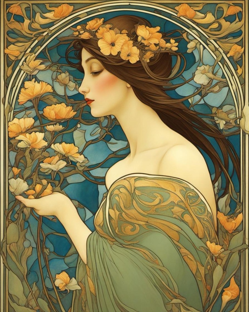 [Painting, Art Nouveau] Beautiful woman, Art Nouveau Floral Elegance in Ancient Tales