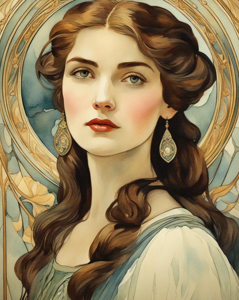 [Watercolor painting style, masterpiece] Art Nouveau, 1890 retro woman's face