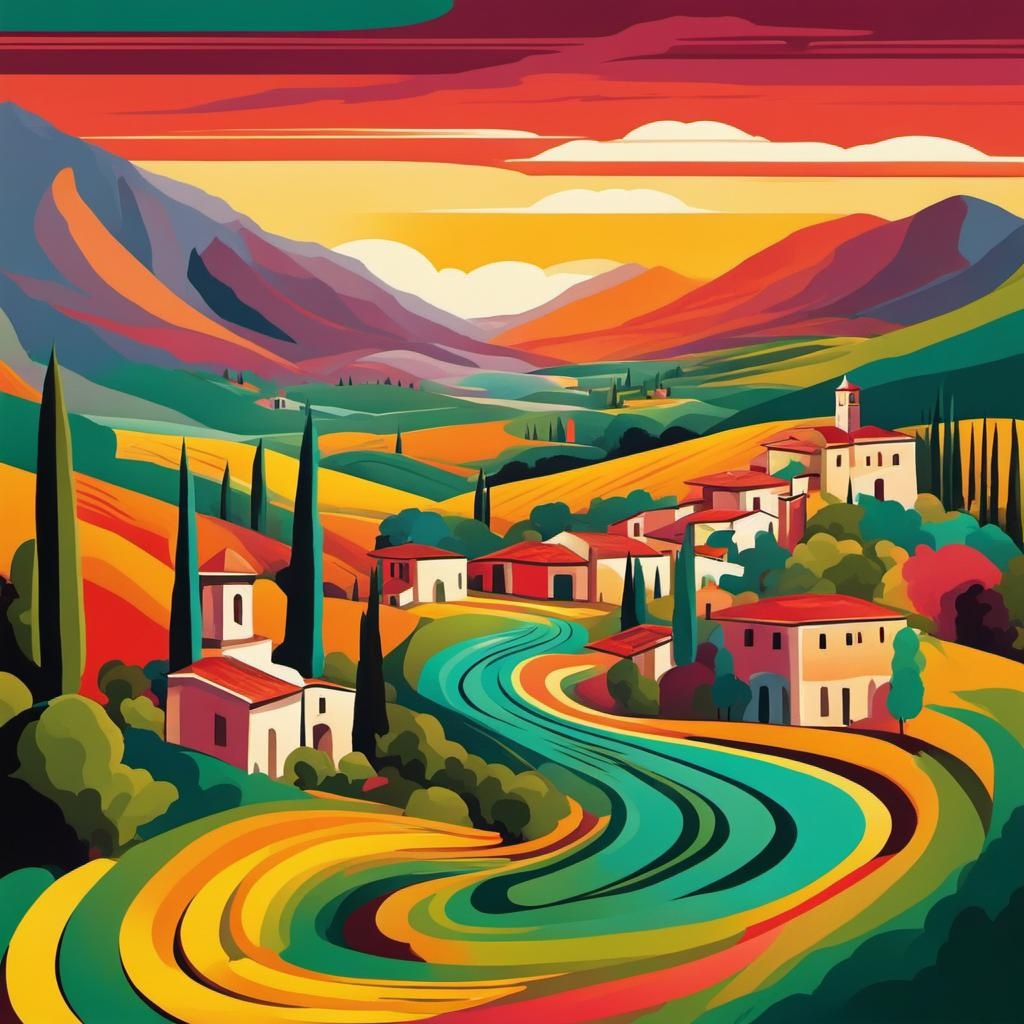 [Style of vintage illustration] vivid colors anamorphic spiral Italian landscape