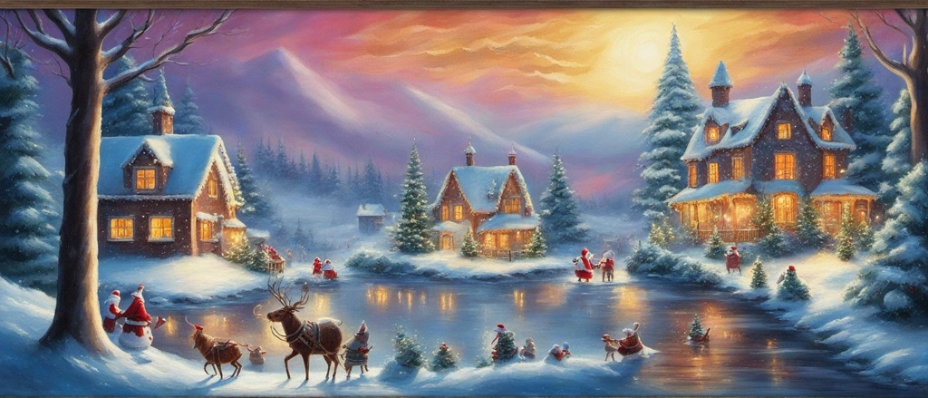 [vibrant liquid plasma] vintage painting of christmas scene with santa claus, snow, trees,