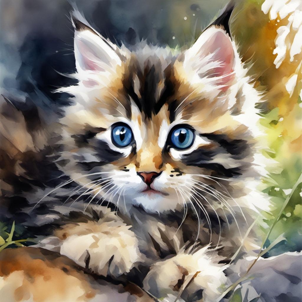 [Watercolor painting style, masterpiece] Cute kitten, main coon,