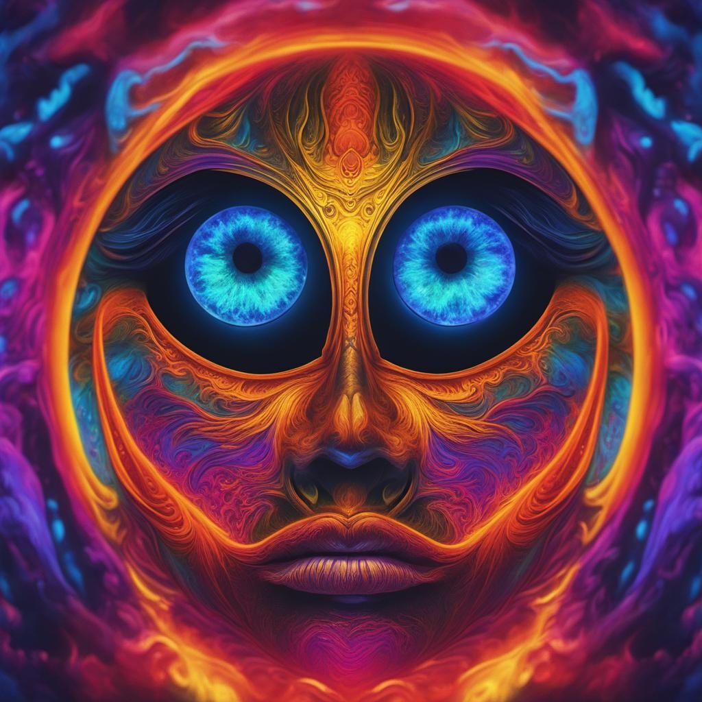 [vibrant liquid plasma] thermoprint of a glowing round face with piercing eyes stylized