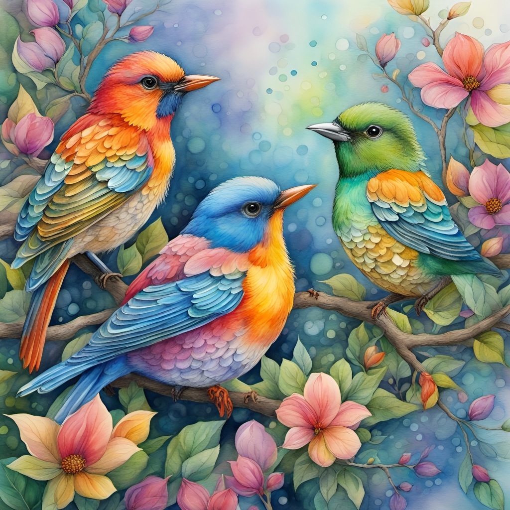 [Watercolor painting style, masterpiece] Whimsical birds, playful, illustration, colorful, backdrop, an elaborate pencil drawing in colors, zentangle, Thomas Kinkade, Josephine Wall,; [Watercolor painting style, masterpiece] Whimsical birds, playful, illustration, colorful, backdrop, an elaborate pencil drawing in colors, zentangle, Thomas Kinkade, Josephine Wall,; [vibrant liquid plasma] Whimsical birds, playful, illustration, colorful, backdrop, an elaborate pencil drawing in colors, zentangle, Thomas Kinkade, Josephine Wall,; [vibrant liquid plasma] Whimsical birds, playful, illustration, colorful, backdrop, an elaborate pencil drawing in colors, zentangle, Thomas Kinkade, Josephine Wall,