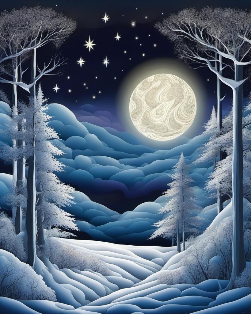 [Painting, surrealism] Winter scene, full moon, forest, bright stars in the night sky, serene, abstract vector fractal, Zentangle, 3d shading