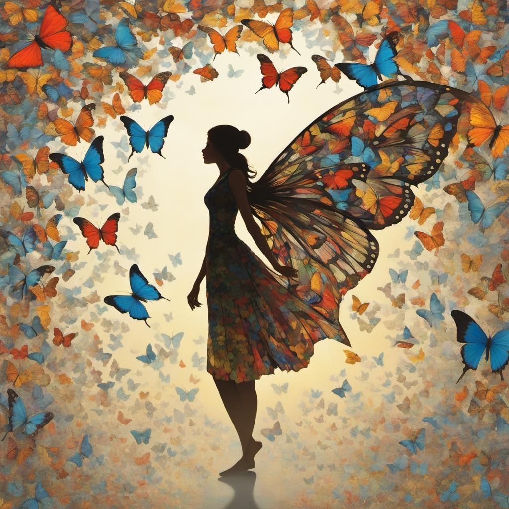 [Painting, Art Nouveau] Side silhouette of a woman walking, with large butterfly wings on her back made out of tiny butterflies, in a dress made of multicolored butterflies that is almost transparent but you can see all the better flies flowing off of her dress as she walks forward