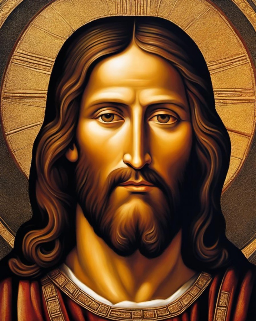 [Oil painting style, impasto, masterpiece] Incredible attention to detail showcases the iconic figure of Jesus in the style of Leonardo da Vinci. This masterful painting captures the essence of Jesus with captivating precision and artistry. The image portrays Jesus with delicate brushstrokes and exquisite shading, illuminating his serene expression and tender eyes. Every facial feature is meticulously rendered, evoking a profound sense of divinity and wisdom. The rich colors and subtle highlights further enhance the depth and realism of the painting, emanating an undeniable aura of brilliance. This exceptional artwork immortalizes Jesus in a truly magnificent and awe-inspiring manner.