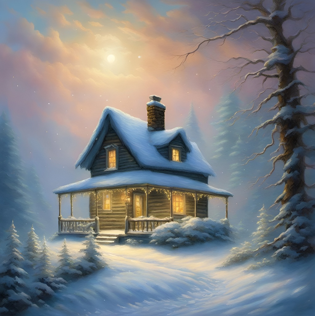 [Oil painting style, impasto, masterpiece] A snowy cabin under the crisp night sky, ethereal fantasy hyperdetailed mist Thomas Kinkade; [Watercolor painting style, masterpiece] A snowy cabin under the crisp night sky, ethereal fantasy hyperdetailed mist Thomas Kinkade; [vibrant liquid plasma] A snowy cabin under the crisp night sky, ethereal fantasy hyperdetailed mist Thomas Kinkade; [Painting, Art Nouveau] A snowy cabin under the crisp night sky, ethereal fantasy hyperdetailed mist Thomas Kinkade