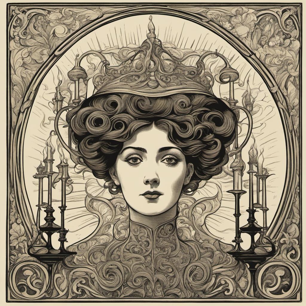 [Style of vintage illustration] Crazy Candelabras, Art Nouveau, 1890 retro woman's face; [Style of vintage illustration] Crazy Candelabras, Art Nouveau, 1890 retro woman's face