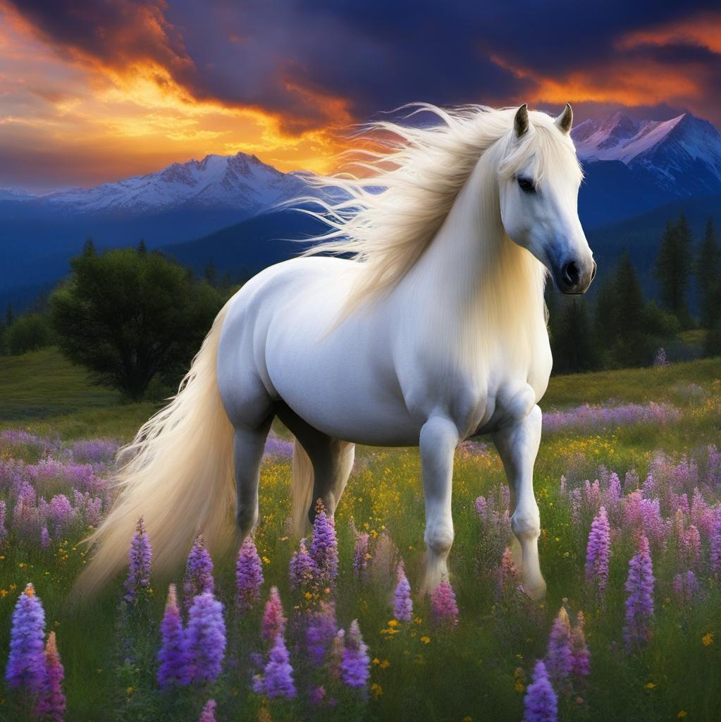 [Style of vintage illustration] painting, american cream draft majestic stallion laying in a wildflower field, long mane and tail, mysterious scene, twilight hour, stormy clouds, supernatural; [Painting, Art Nouveau] painting, american cream draft majestic stallion laying in a wildflower field, long mane and tail, mysterious scene, twilight hour, stormy clouds, supernatural; [Painting, classical] painting, american cream draft majestic stallion laying in a wildflower field, long mane and tail, mysterious scene, twilight hour, stormy clouds, supernatural; [vibrant liquid plasma] painting, american cream draft majestic stallion laying in a wildflower field, long mane and tail, mysterious scene, twilight hour, stormy clouds, supernatural