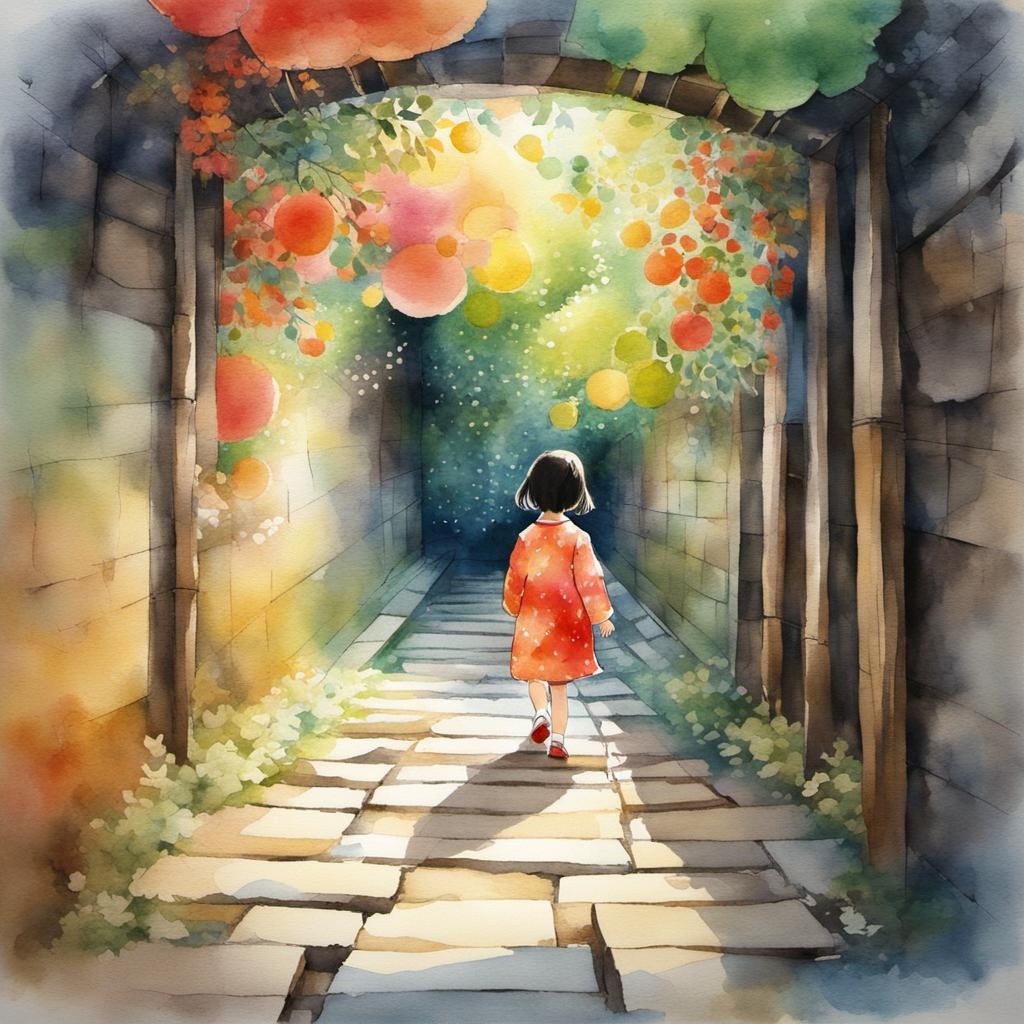 [Watercolor painting style, masterpiece] a little girl walking through a colorful secret passageway, textured, traditional washi paper, pastel, stylized, multi-patterned, ancient, organic form