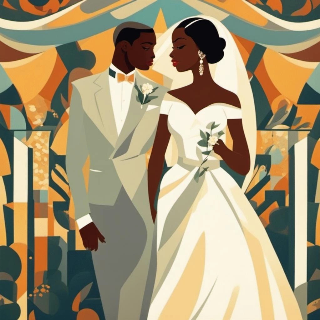 [Watercolor painting style, masterpiece] orphism style, bride and groom; [Style of vintage illustration] orphism style, bride and groom; [Style of vintage illustration] orphism style, bride and groom, African American