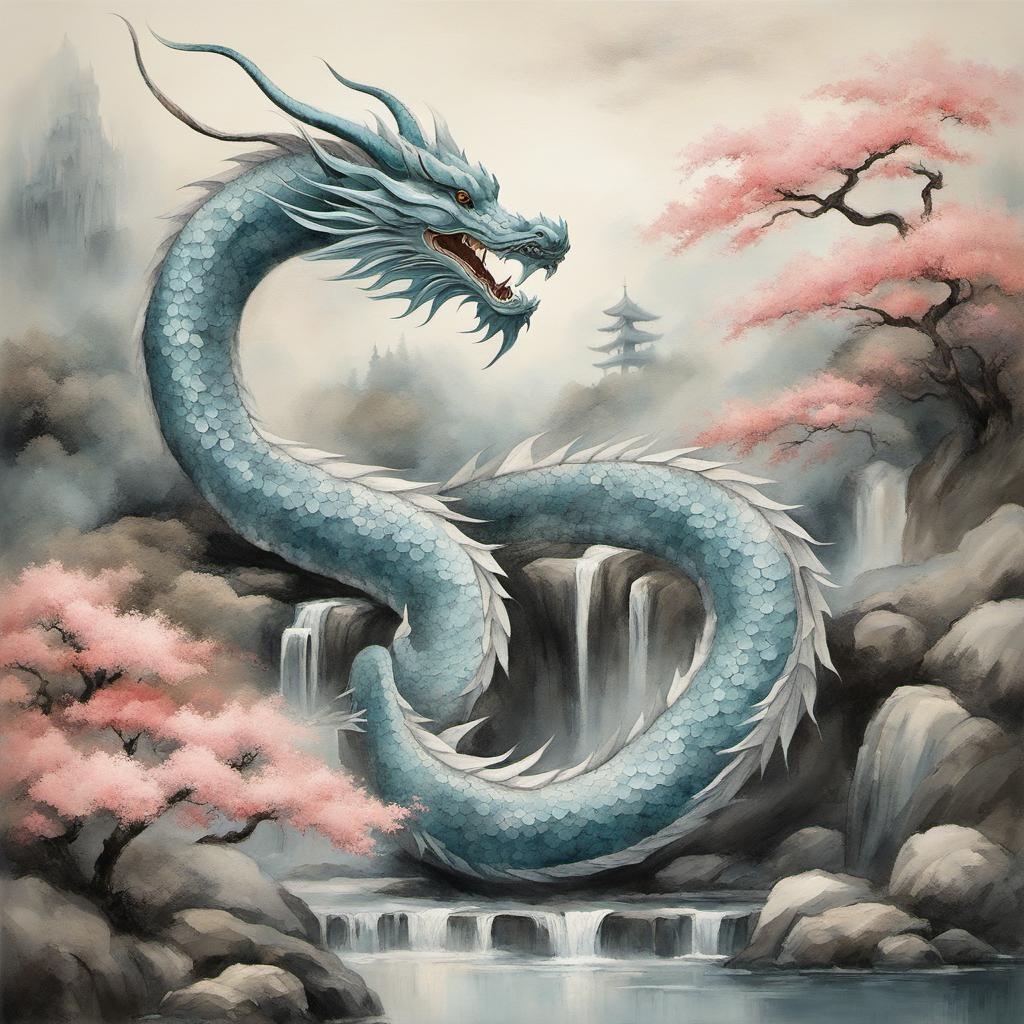 [Oil painting style, impasto, masterpiece] Muted pastels, a graceful, twirling dragon in traditional Japanese ink wash painting style, inspired by ancient scrolls, tranquil, Zen garden backdrop