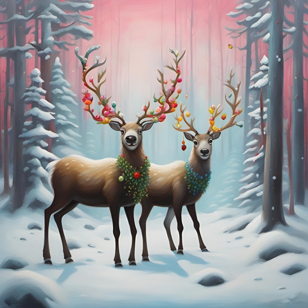 [Painting, minimalism] two reindeer standing in a snow covered forest, bright colors, graffiti, Mark Ryden style