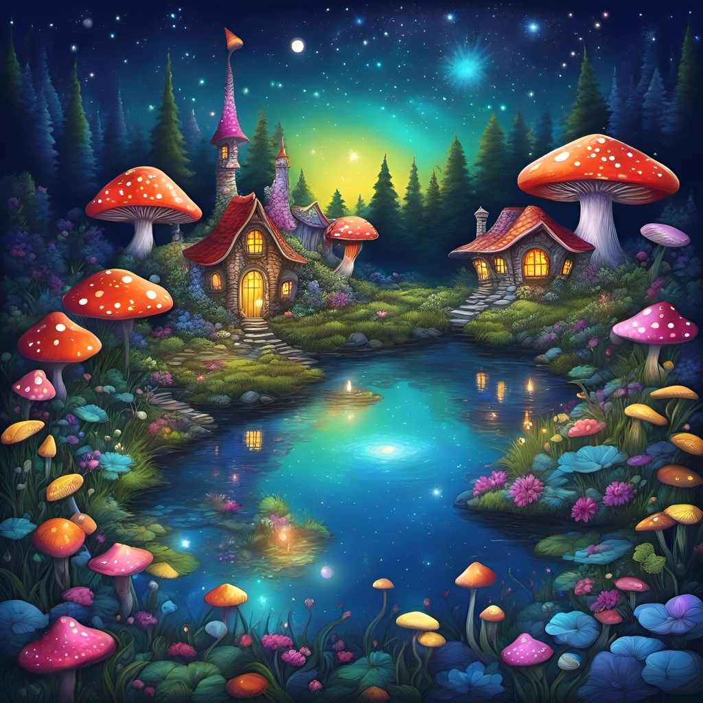 [vibrant liquid plasma] fairy sitting by the pond, fantastical fairy village, many tiny mushroom houses,  sparkles everywhere, stars in night sky reflected in pond, tiny Fairies,  abstract vector fractal, Zentangle, 3d shading,