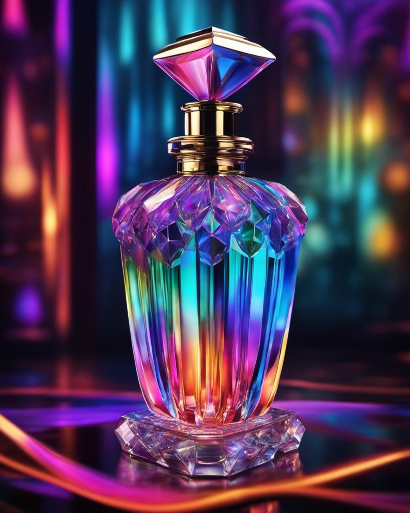 [vibrant liquid plasma] 1920 style perfume bottles, incredible design, vivid multi colors, crystal glass, insane depth of field, beautiful Art Deco, flapper woman, elegant, highly detailed concept art, smooth, sharp focus