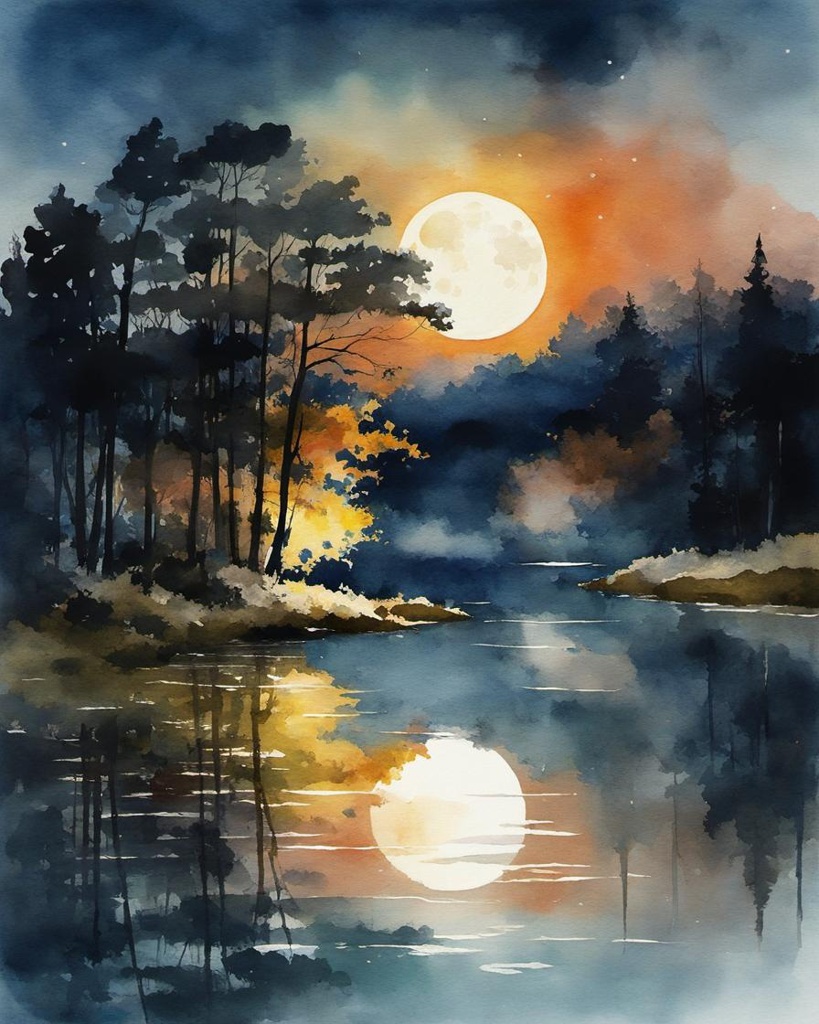 [Oil painting style, impasto, masterpiece] amazing Nocturnes Of Light And Shadows over a secluded lake ideal nostalgic atmospheric full moon, moonlight,; [Watercolor painting style, masterpiece] amazing Nocturnes Of Light And Shadows over a secluded lake ideal nostalgic atmospheric full moon, moonlight,