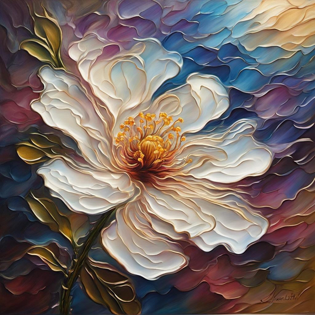 [Oil painting style, impasto, masterpiece] briar wisp flower autography on luminous sunlit translucent silk, windblown ripple, opalescent color by Janna Elizabeth