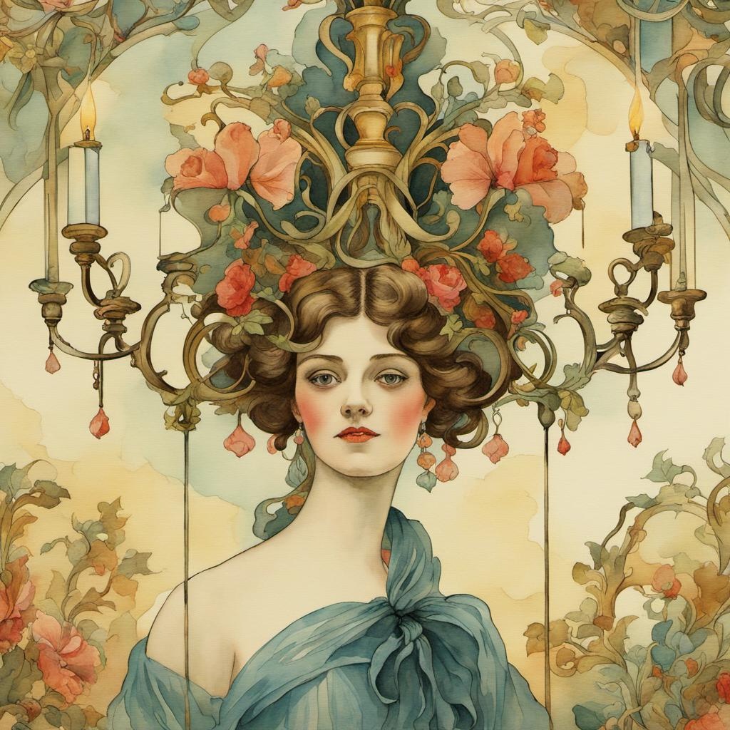 [Watercolor painting style, masterpiece] Crazy Candelabras, Art Nouveau, 1890 retro woman's face