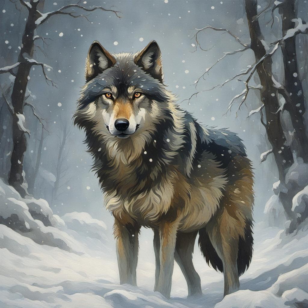 [Painting, Art Nouveau] a wolf with eyes in the delicate quiet yet furious snowstorm