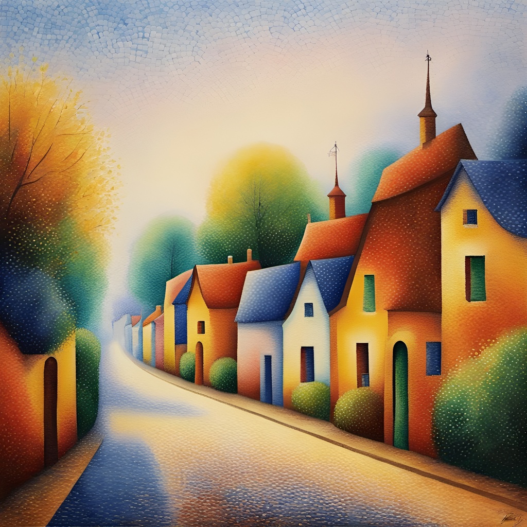 [Watercolor painting style, masterpiece] an oil painting of Village Road, colorful, pointillism, painted by Georges Seurat abstract art complementary colors fine details