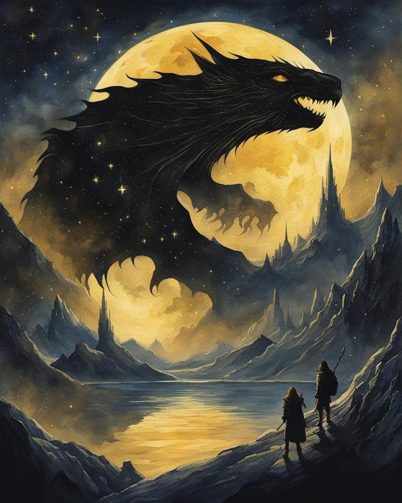 [Watercolor painting style, masterpiece] A stunningly beautiful vintage illustration of a 1970’s dark fantasy book, cover paper art dungeons and dragons, style drawing of a shadow starry skies, golden color, runes, dark theme, Perfect composition, masterpiece, best quality, 8K Ultra HD