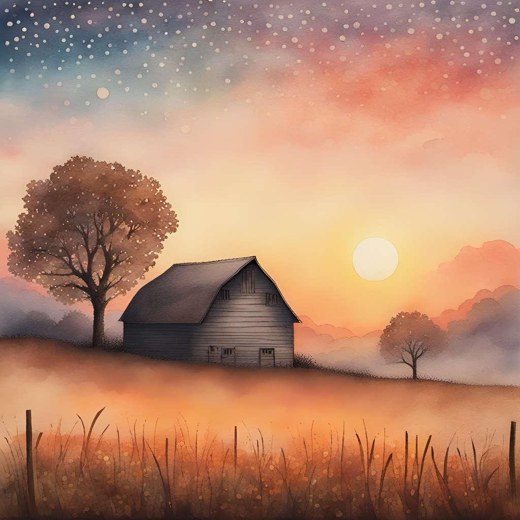 [Watercolor painting style, masterpiece] lonely barn in meadow, gradient painting, pointillist stippling, dot pointilism, serene, rounded, stencil-like imagery, magical, abstract, surreal, mocha and peach colors