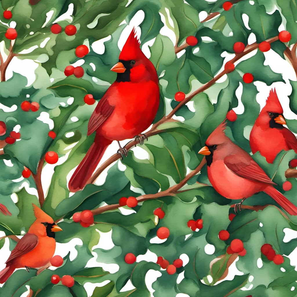 [Watercolor painting style, masterpiece] watercolor painting of red cardinals on holly branches, emerald crimson, Nicole Eisenman style