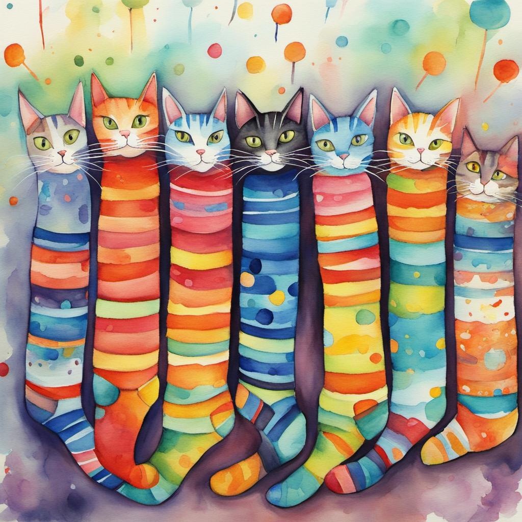 [Watercolor painting style, masterpiece] whimsical elongated stick cats wearing socks, bright colors, intricate details, cell shading