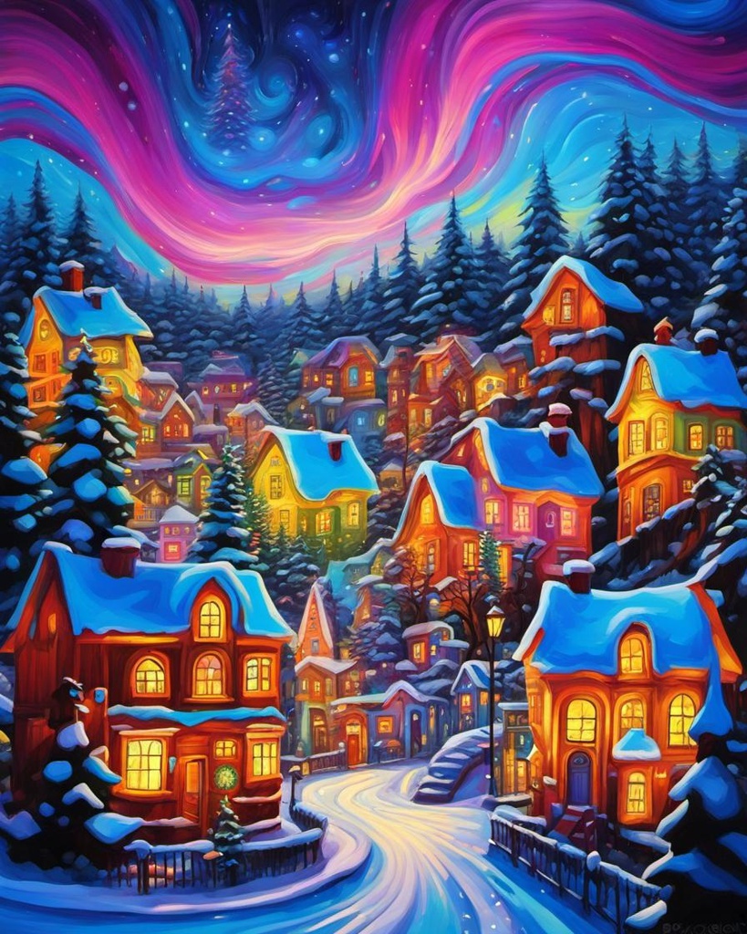 [vibrant liquid plasma] Christmas village, trees, lights, snow,  street art, oil gouache melting, acrylic, high contrast, colorful polychromatic, ultra detailed, ultra quality, abstract vector fractal, wave function, Zentangle, 3d shading