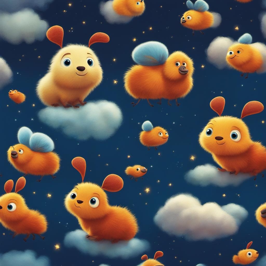 [Pixar style, Disney] fuzzy, fluffy, animal characters cloud firefly imaginary design