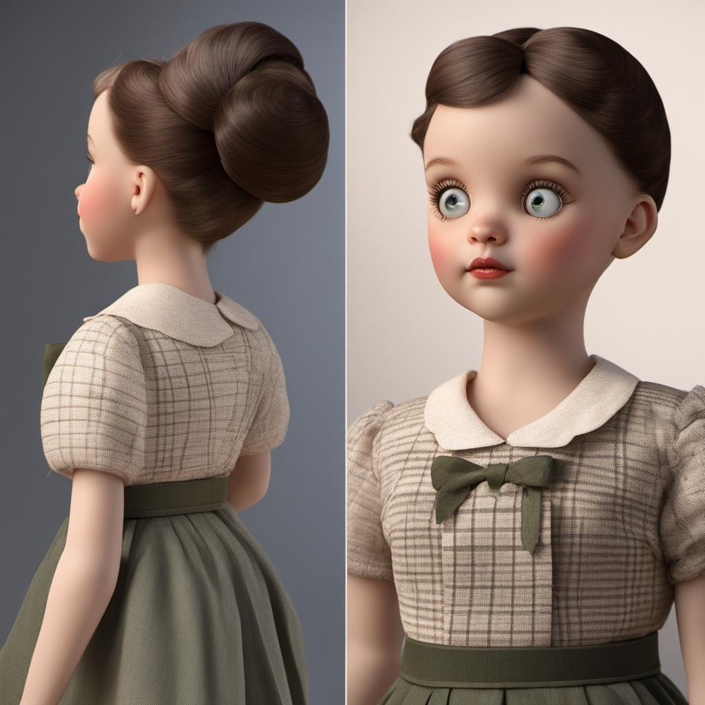 [Style of CG graphics, 3d rendering, blender] 1930s doll, expressive-eyes, nose-up, hair in a bun, ideal, profile