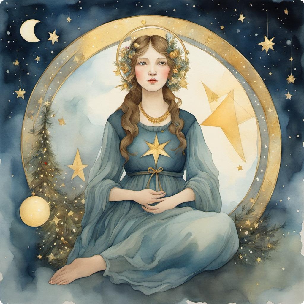 [Watercolor painting style, masterpiece] woman sitting on the moon, holding a Christmas Star, with a golden halo around her head. The piece is inspired by various artists including Mucha, Catrin Welz-Stein, Lois van Baarle, Bouguereau; [Watercolor painting style, masterpiece] woman sitting on the moon, holding a Christmas Star, with a golden halo around her head. The piece is inspired by various artists including Mucha, Catrin Welz-Stein, Lois van Baarle, Bouguereau