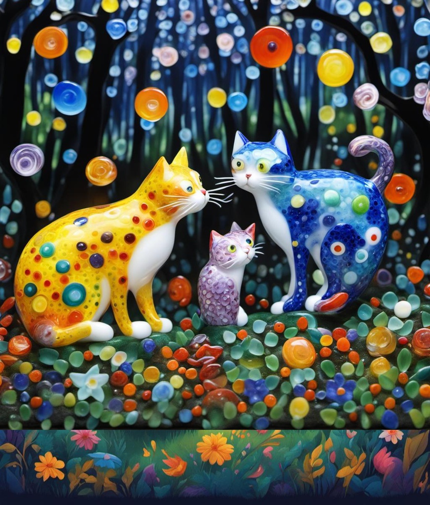 [Watercolor painting style, masterpiece] Cats dancing together under a full moon in a forest clearing, cartoon style,; [Watercolor painting style, masterpiece] Cats dancing together under a full moon in a forest clearing, cartoon style,; [vibrant liquid plasma] Cats dancing together under a full moon in a forest clearing, cartoon style,; [Murrine glass, sculpture] Cats dancing together under a full moon in a forest clearing, cartoon style,