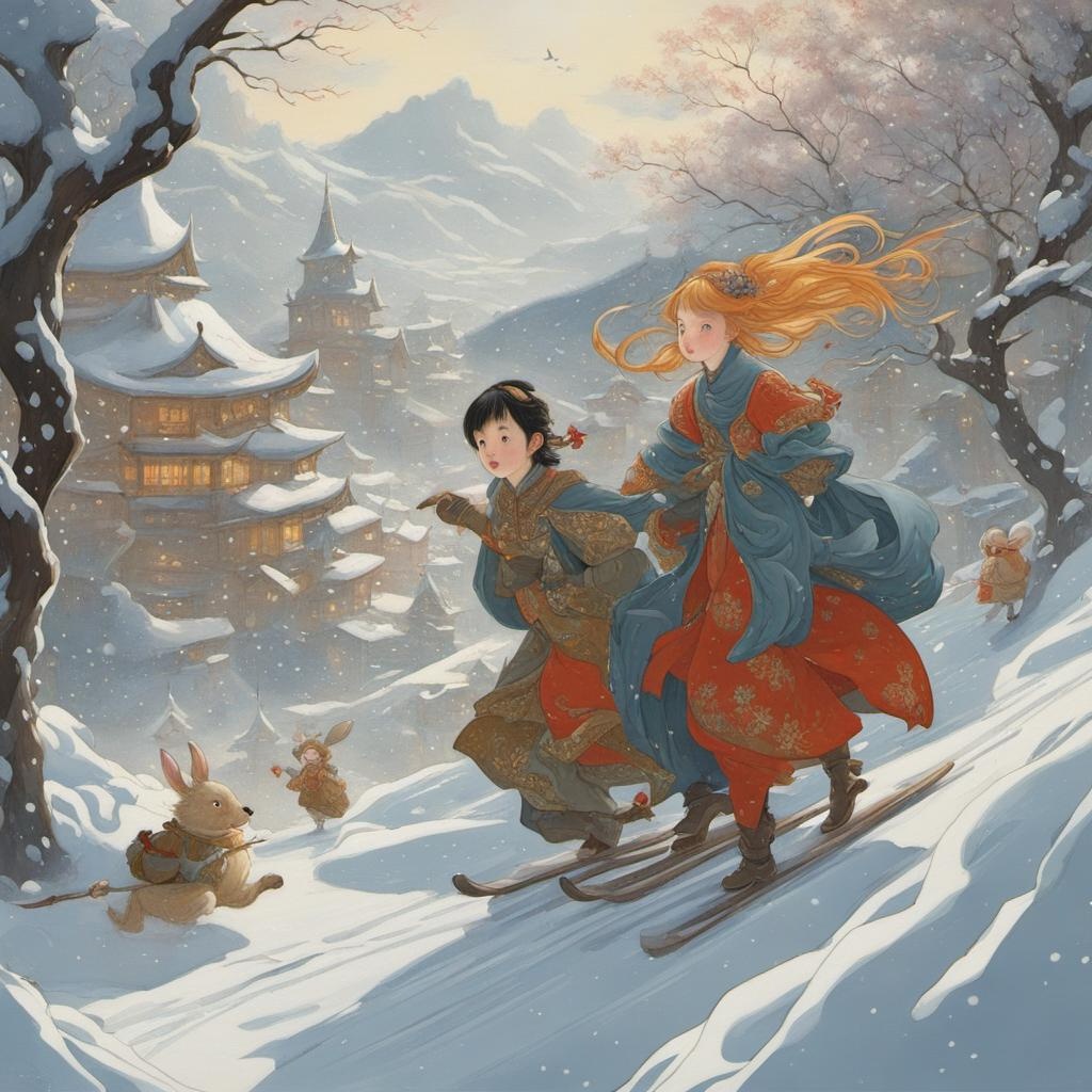 [Painting, Art Nouveau] close-up view, fairy tale characters playing in the snow, Pernille Ørum,  Zheng Wei Gu style