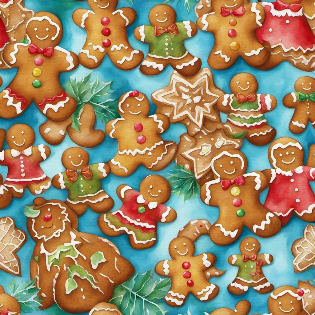 [Watercolor painting style, masterpiece] Gingerbread people pattern