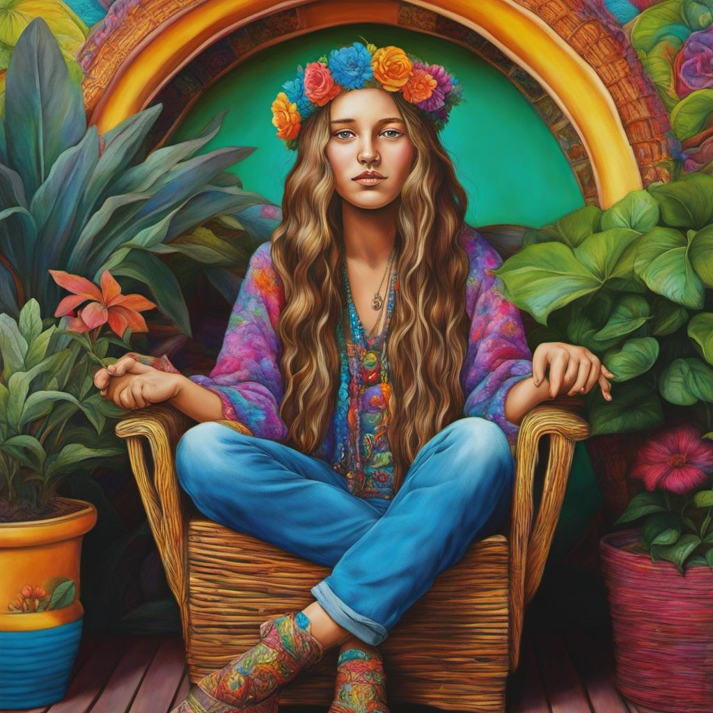 [Style of vintage illustration] a whimsical hippie woman with long hair, eyes open, eyelashes, small nose, and thin lips, flashing the peace sign, wearing a floral headband, on her feet there is moccasin shoe boots, colorful psychedelic clothes. she is sitting in a fan back wicker chair on a porch with potted plants. The background is hyper-detailed, high resolution, oil painting, detailed facial features, alcohol ink neon; [Style of vintage illustration] a whimsical hippie woman with long hair, eyes open, eyelashes, small nose, and thin lips, flashing the peace sign, wearing a floral headband, on her feet there is moccasin shoe boots, colorful psychedelic clothes. she is sitting in a fan back wicker chair on a porch with potted plants. The background is hyper-detailed, high resolution, oil painting, detailed facial features, alcohol ink neon; [vibrant liquid plasma] a whimsical hippie woman with long hair, eyes open, eyelashes, small nose, and thin lips, flashing the peace sign, wearing a floral headband, on her feet there is moccasin shoe boots, colorful psychedelic clothes. she is sitting in a fan back wicker chair on a porch with potted plants. The background is hyper-detailed, high resolution, oil painting, detailed facial features, alcohol ink neon; [vibrant liquid plasma] a whimsical hippie woman with long hair, eyes open, wearing a floral headband, on her feet there is moccasin shoe boots, colorful psychedelic clothes. she is sitting in a fan back wicker chair on a porch with potted plants. She is holding a bouquet of flowers.