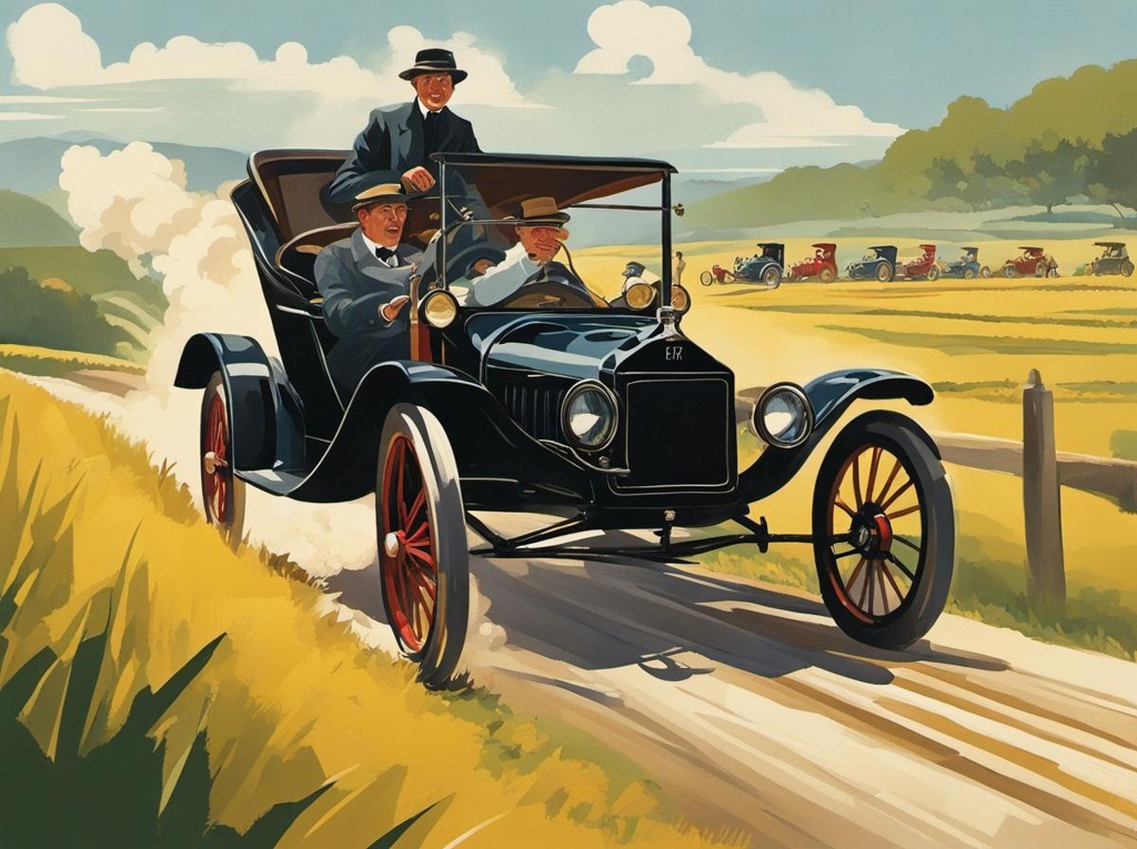 [Style of vintage illustration] Create an exhilarating scene of a Model T car race, where vintage vehicles speed through the countryside, their engines roaring and drivers focused on the challenge ahead. Capture the excitement and nostalgia of this historic event, showcasing the spirit of competition and the enduring legacy of the Model T.