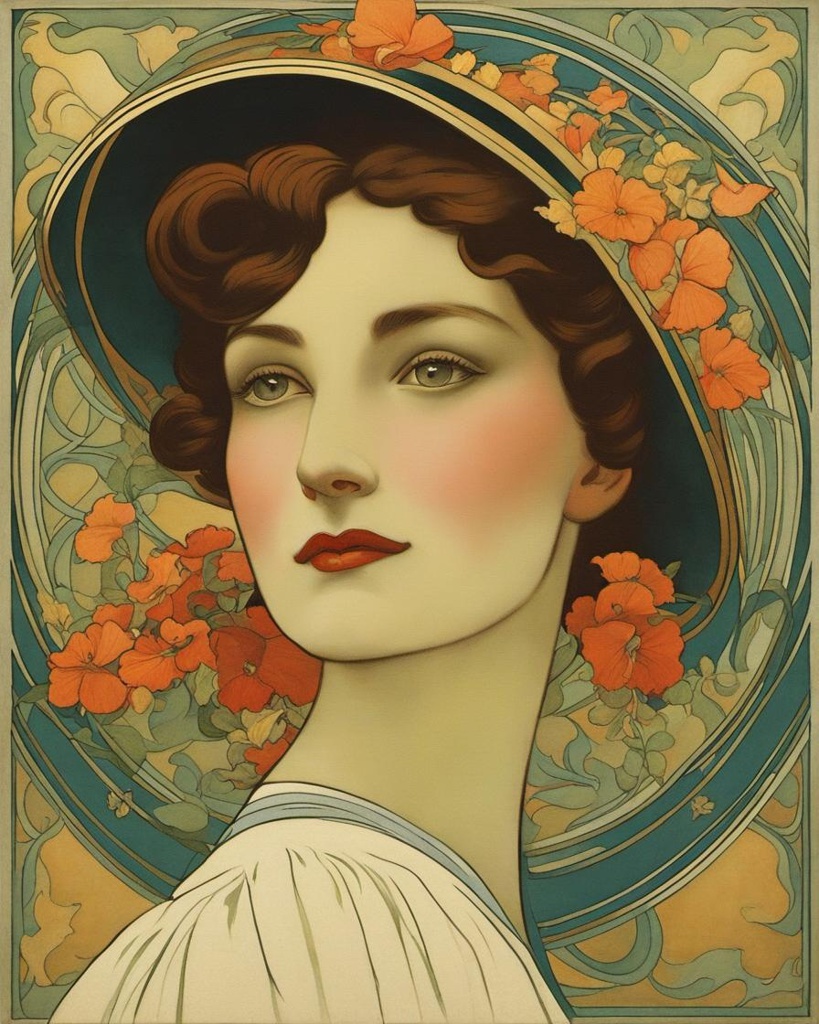 [Painting, minimalism] Art Nouveau, 1890 retro woman's face