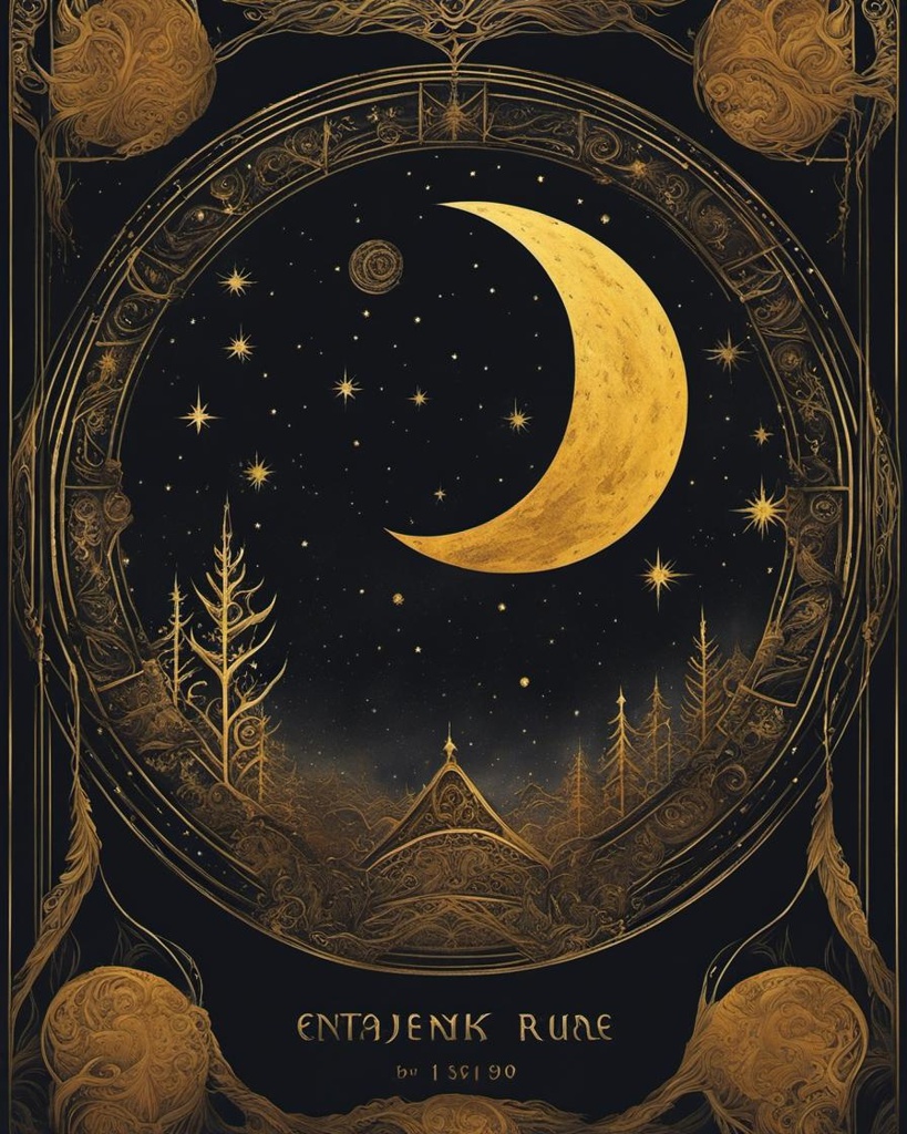 [Painting, Art Nouveau] A stunningly beautiful 1970’s dark fantasy book, cover paper art, style drawing of a shadow starry skies, golden color, runes, dark theme, Perfect composition, masterpiece, best quality, 8K Ultra HD, Better hand. Art by AYMSHANK