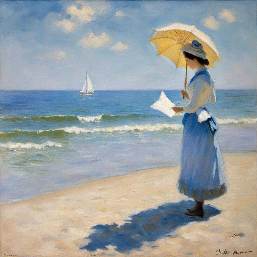 [Painting, by Claude Monet] turn of century woman is holding a letter on a beach, blue ocean, pastel colors,