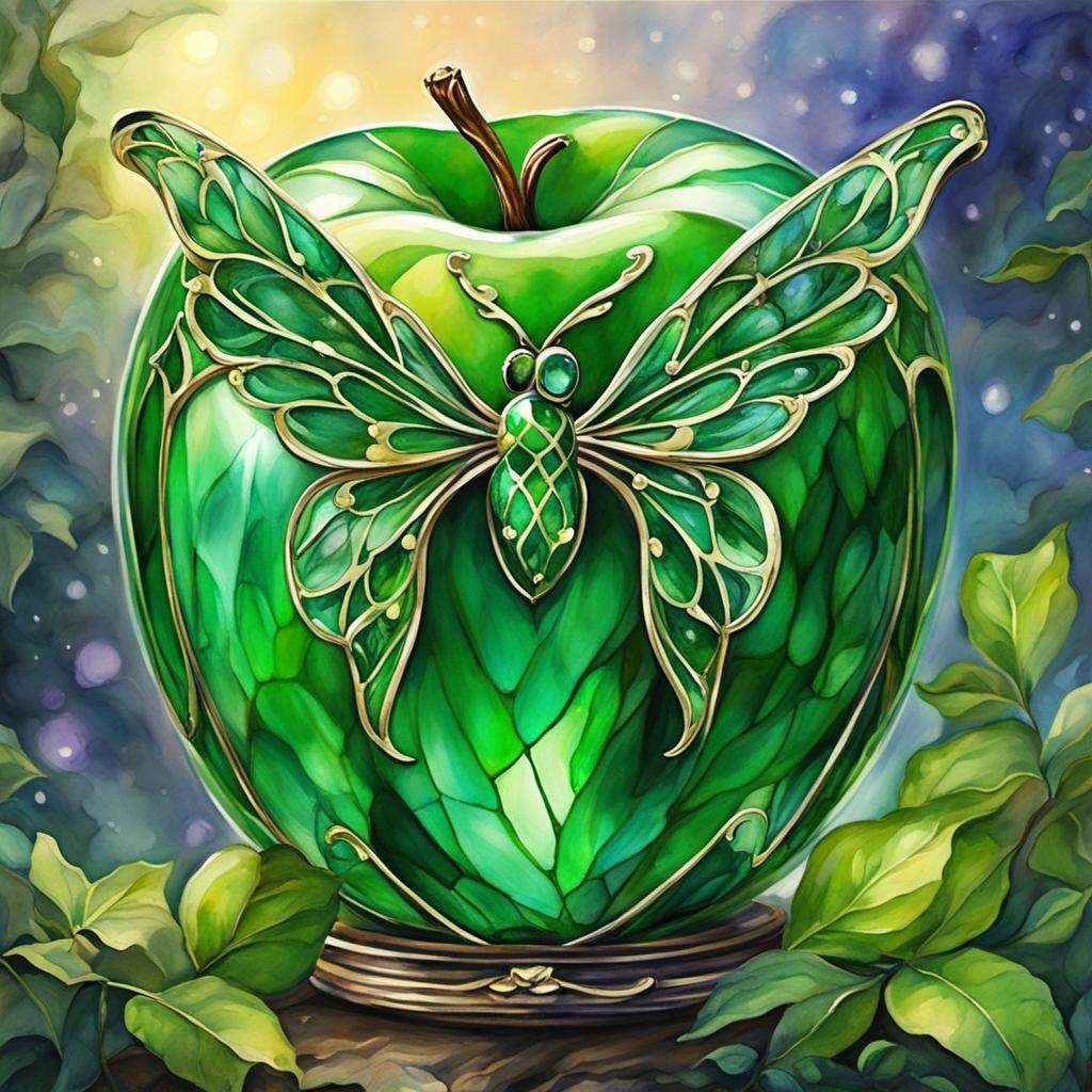 [Watercolor painting style, masterpiece] Green Glass Faberge Apple: Vibrant stain glass wings glimmer in moonlight amidst lush greenery. Wispy smoke dances as the fairy radiates colorful sparks. Enchanting scene where magic & nature converge.