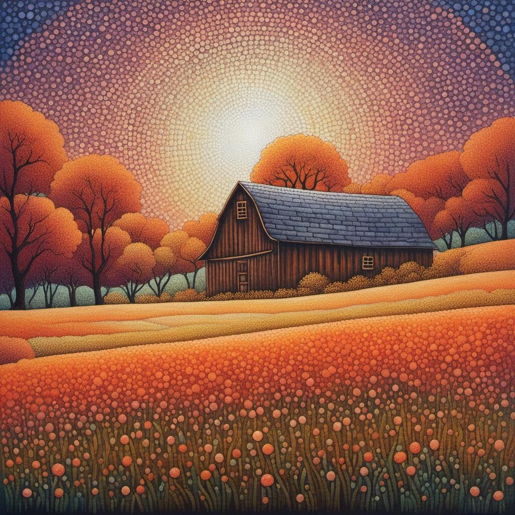 [Painting, Art Nouveau] lonely barn in meadow, gradient painting, pointillist stippling, dot pointillism, serene, rounded, stencil-like imagery, magical, abstract, surreal, mocha and peach colors