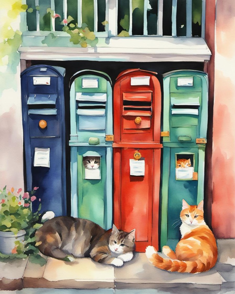 [Watercolor painting style, masterpiece] watercolor painting, cats sleeping inside 4 colorful pastel mailboxes, suburban lane